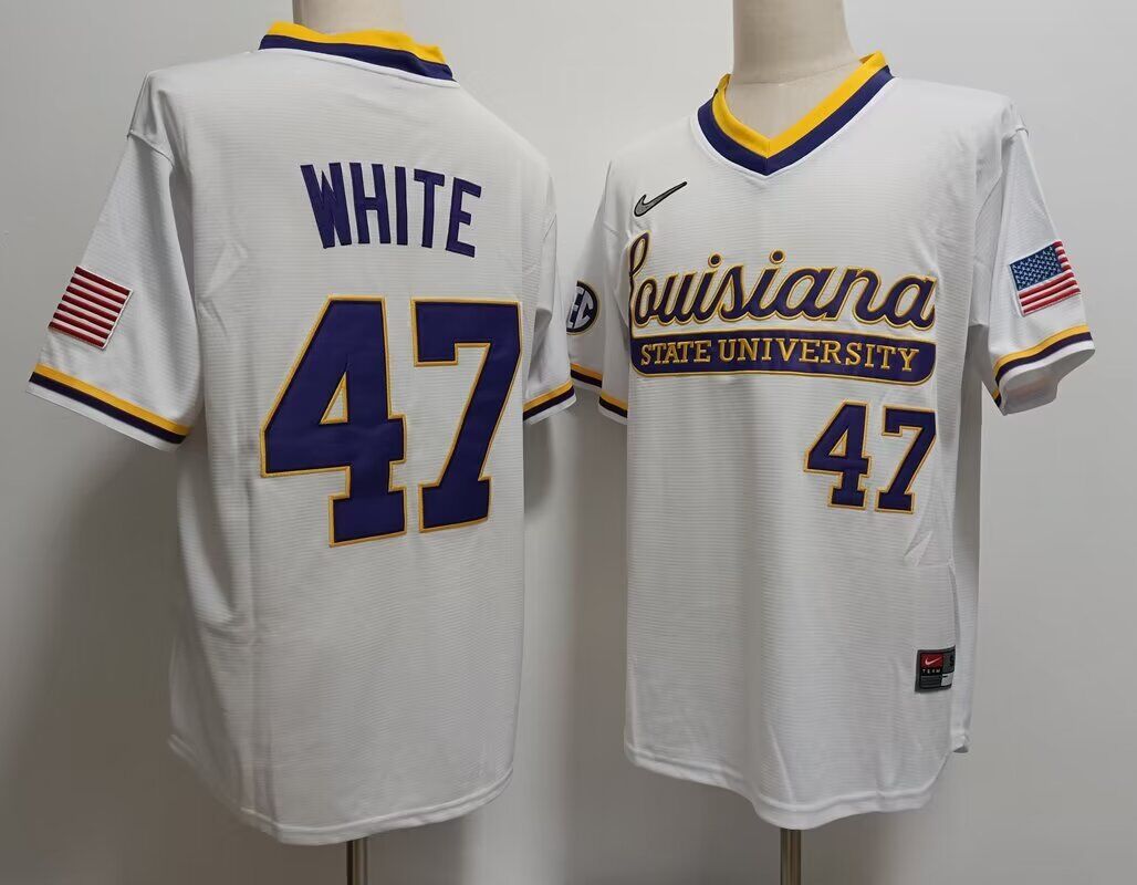 2024 NCAA Men  LSU Tigers 47 White white style #2 Nike jersey